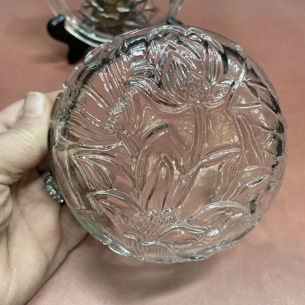 Glass Candy Or Trinket Dish Raised 3D Flower Vintage 1980s with Lid